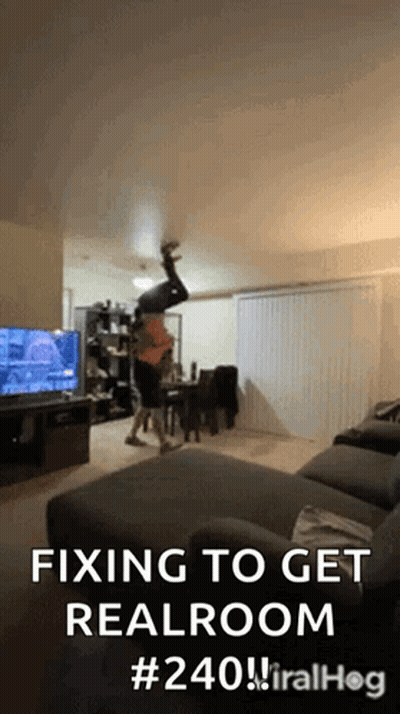 Man Doing Handstand In Living Room Fixing To Get Real Room GIF