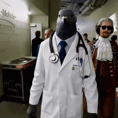 Man Dressed As Pigeon In Lab Coat With Stethoscope GIF