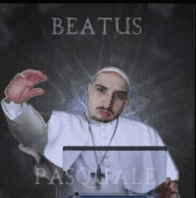 Man Dressed As Pope Holding Laptop With Beatus GIF