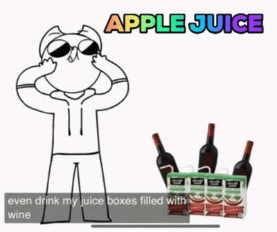Man Drinking Apple Juice Beside Box Of Wine GIF