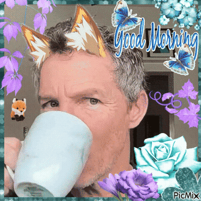 Man Drinking From Cup With Fox Ears Saying Good Morning GIF