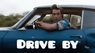 Man Driving Blue Car Saying Drive By GIF