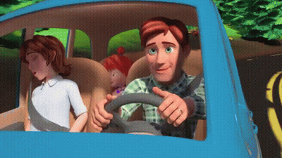 Man Driving Blue Car With Two Children In Back GIF