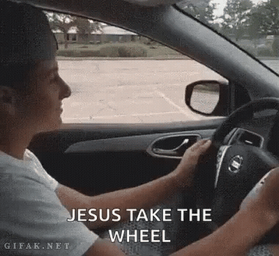 Man Driving Car With Jesus Take The Wheel GIF