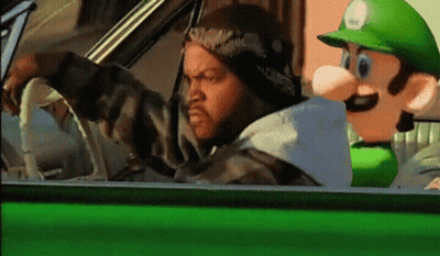 Man Driving Green Car With Mario Mascot GIF