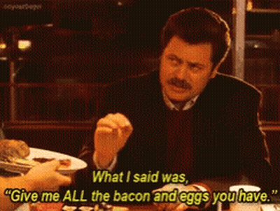 Man Eating Bacon And Eggs Says Give Me All The Bacon And Eggs You Have GIF