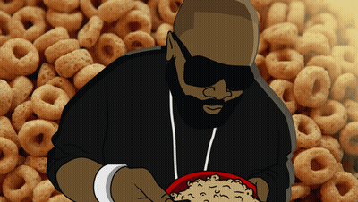 Man Eating Cereal With Cereal Pile GIF