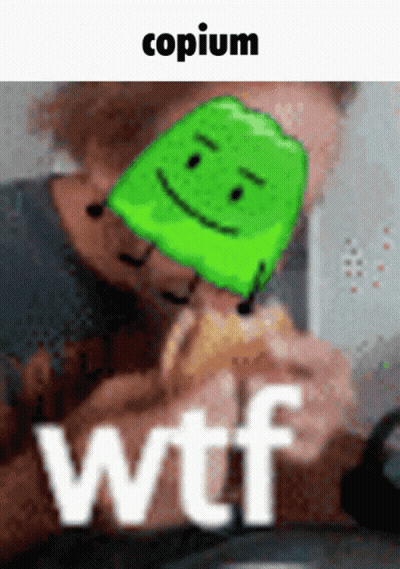 Man Eating Hamburger With Green Smiley Head Saying WTF GIF