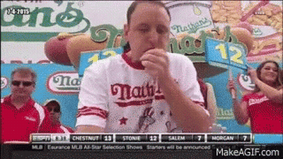 Man Eating Hot Dog With Dog Sign GIF