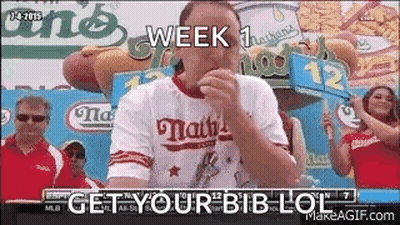 Man Eating Hot Dog With Get Your Bib Lol Sign GIF
