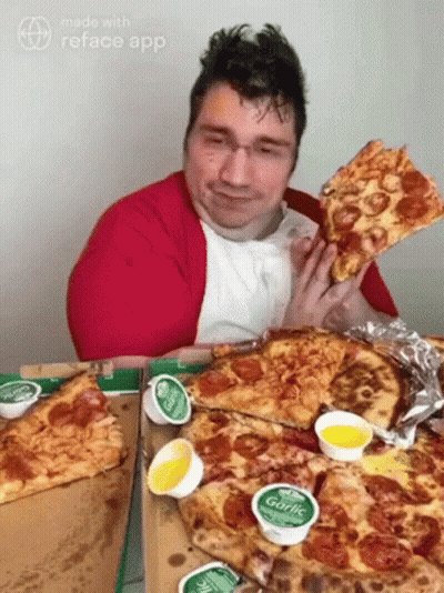 Man Eating Pepperoni Pizza With Garlic Sauce GIF