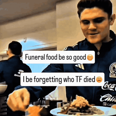 Man Eating Plate Saying Funeral Food Be So Good GIF