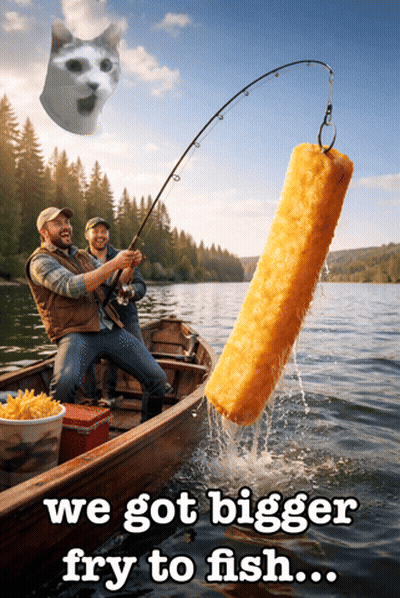 Man Fishing In Boat With Cat Saying We Got Bigger Fry To Fish GIF