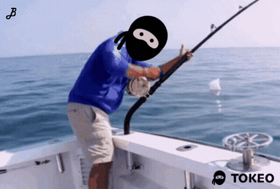 Man Fishing On Boat With Tokeo Logo GIF