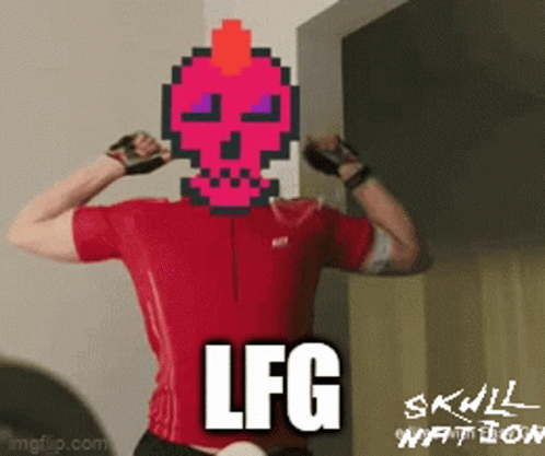 Man Flexing Muscles With Pixelated Pink Skull And LFG GIF
