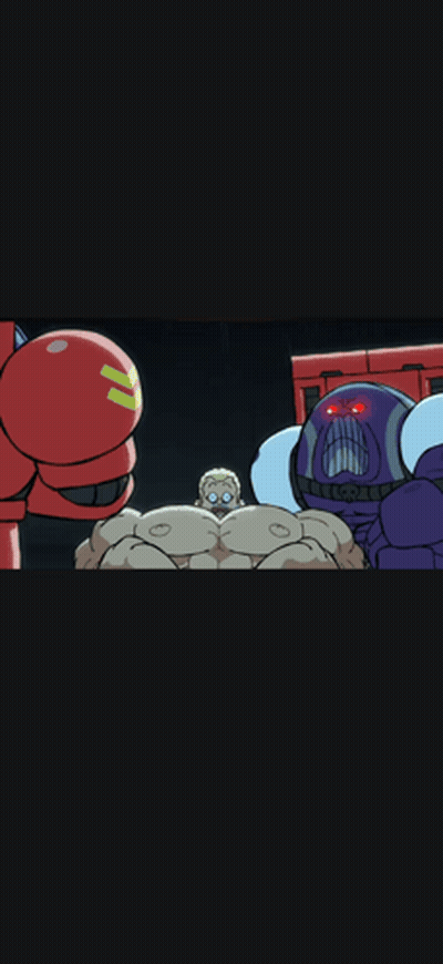 Man Flexing Next To Purple Robot With Red Eyes GIF