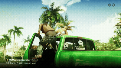 Man Getting Out Of Green Truck With Follow Button GIF
