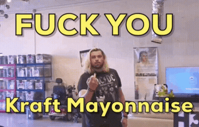 Man Giving Middle Finger In Front Of Fuck You Kraft Mayonnaise Sign GIF