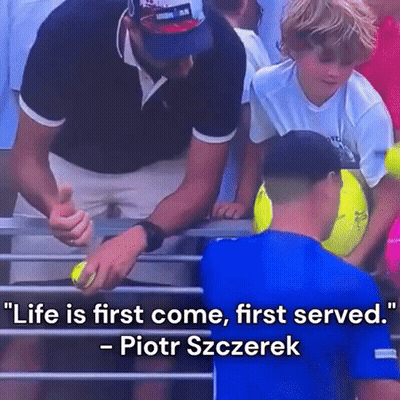 Man Giving Tennis Ball To Another Man With Piotr Szczerek Quote GIF