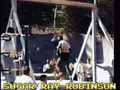Man Hanging From Rope With Sugar Ray Robinson GIF