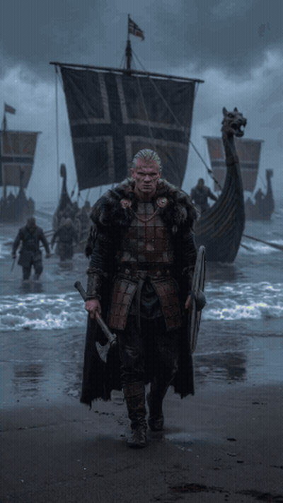 Man Holding Axe And Shield On Beach GIF