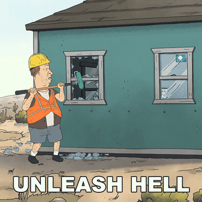Man Holding Axe In Front Of House Saying Unleash Hell GIF