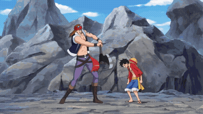 Man Holding Axe Next To Boy In Monkey D Luffy Costume GIF