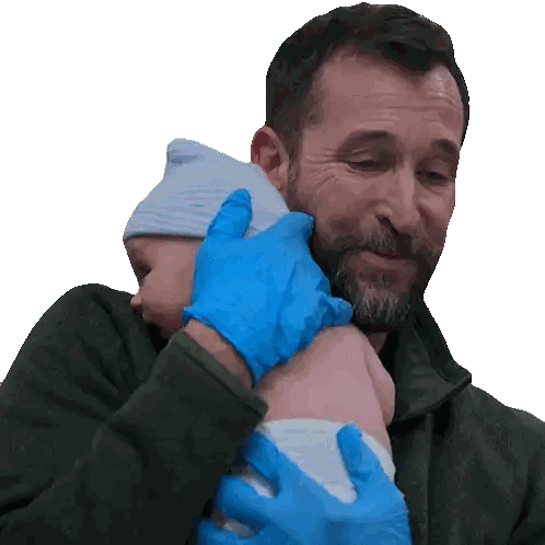 Man Holding Baby In Blue Gloves Sticker
