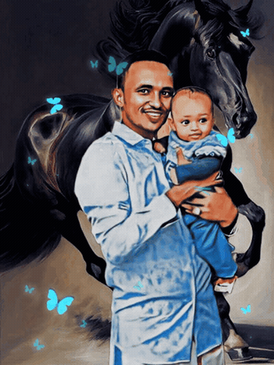 Man Holding Baby in Front of Horse