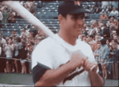 Man Holding Baseball Bat In Front Of Crowd GIF