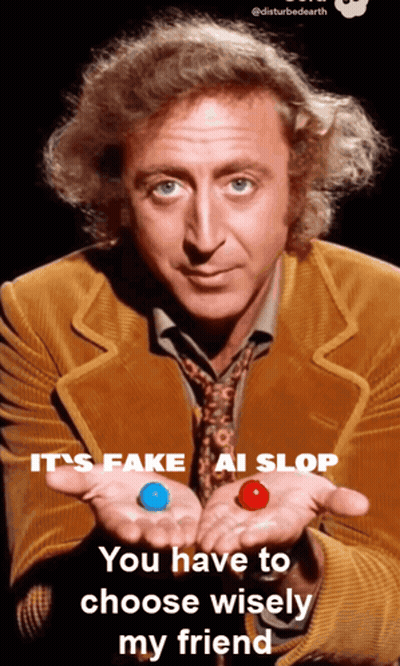 Man Holding Blue And Red Pill Says It's Fake AI Stop GIF
