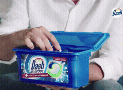 Man Holding Blue Box Of Dash All-In Pods Laundry Detergent GIF