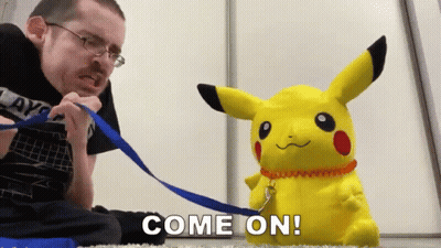 Man Holding Blue Leash Next To Stuffed Pikachu Saying Come On GIF