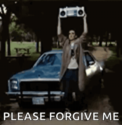 Man Holding Boombox Over Head In Front Of Car Saying Please Forgive Me GIF