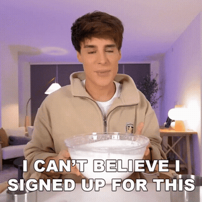 Man Holding Bowl Saying I Can't Believe I Signed Up For This GIF