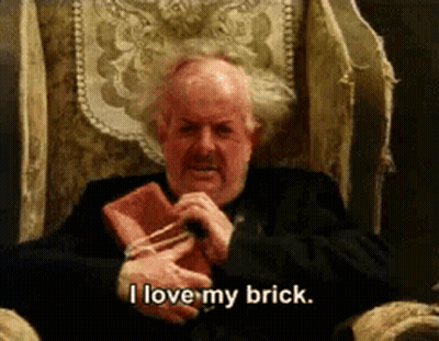 Man Holding Brick Saying I Love My Brick GIF