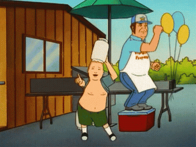 Man Holding Bucket On Head And Another On Cooler GIF