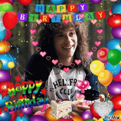 Man Holding Cake With Balloons And Happy Birthday Banner GIF