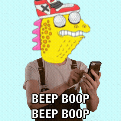 Man Holding Cell Phone With Cartoon Character Saying Beep Boop GIF