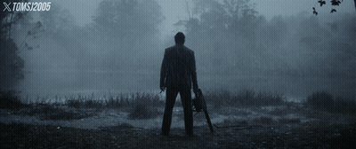 Man Holding Chainsaw In Foggy Field Toms 2005 GIF