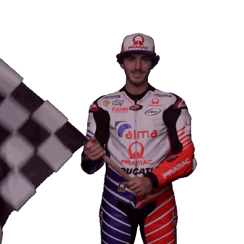 Man Holding Checkered Flag With Pramac Sticker
