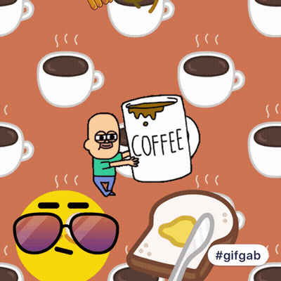 Man Holding Coffee Mug Surrounded By Cups GIF