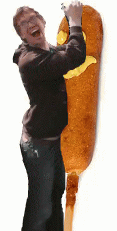 Man Holding Corn Dog With Yellow Face GIF