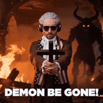 Man Holding Cross Saying Demon Be Gone GIF