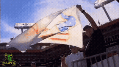 Man Holding Flag In Stadium With Bullpen Logo GIF