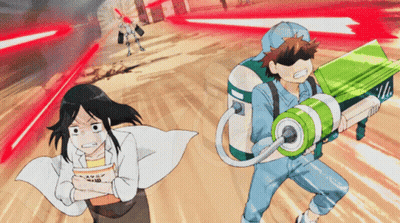 Man Holding Green Water Gun And Woman In Lab Coat GIF
