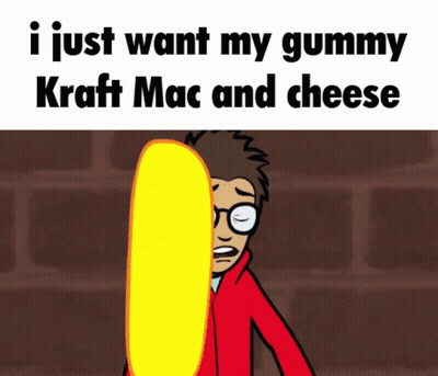 Man Holding Gummy Kraft Mac And Cheese Behind Him GIF
