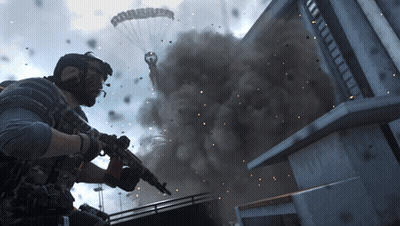 Man Holding Gun In Front Of Building With Smoke And Parachute GIF