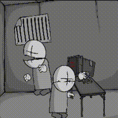 Man Holding Gun In Room With Computer And Prison Cell GIF