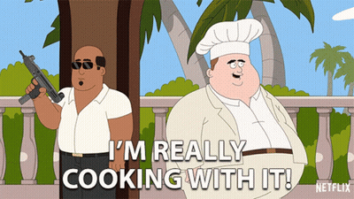 Man Holding Gun Next To Chef Saying I'm Really Cooking With It GIF